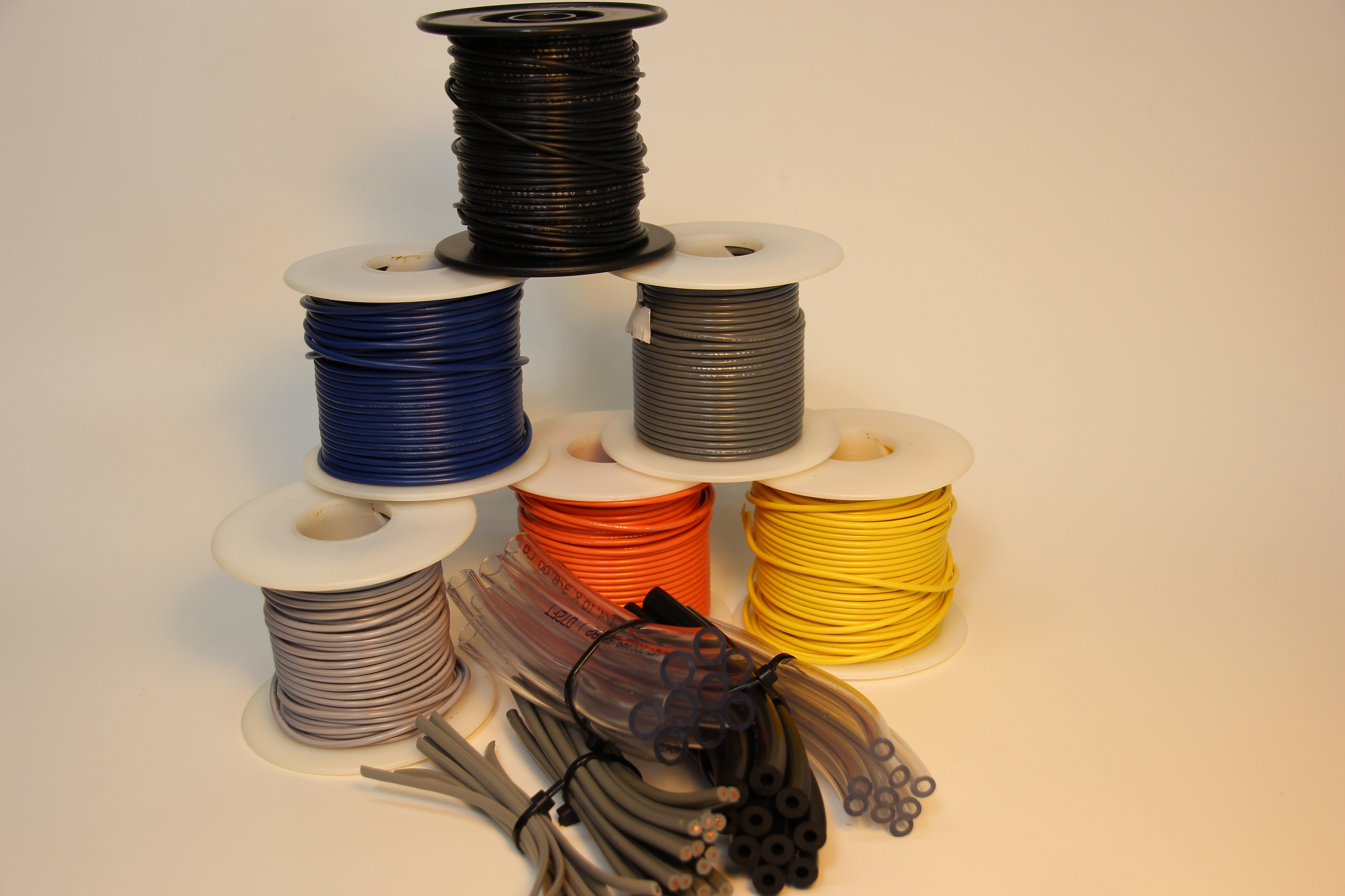Spools of Wire and bundles cut of cable and tubing